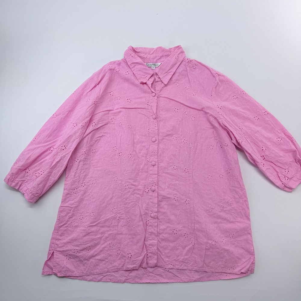 Capacity Unlimited Pink Floral Eyelet Cotton Button Down Shirt 2X